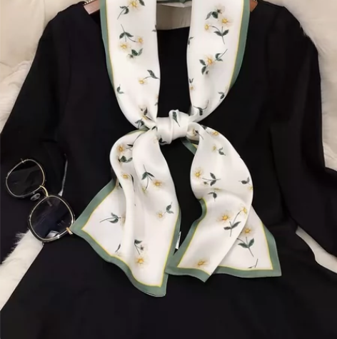 气质丝巾窄长款淡雅花双层面真丝缎面领巾桑蚕...