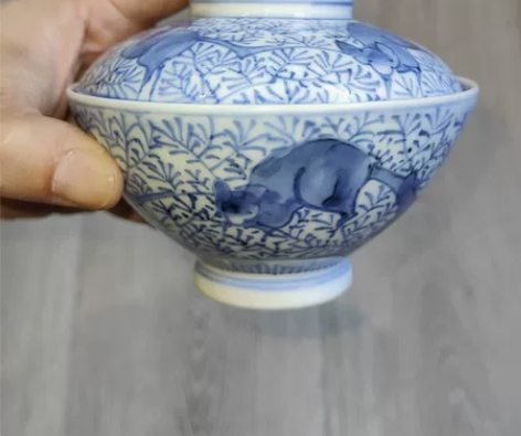 日本明治时期老青花盖碗，纯手绘，品相完好，...