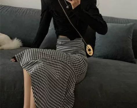 千鸟格半身裙女夏2022新款高腰鱼尾裙设计...