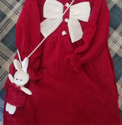兔年新款红色女童年服甜美金丝绒加绒公主风裙...
