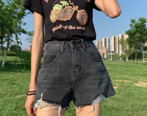 KEEPSMILE高腰a字烟灰色牛仔短裤女...