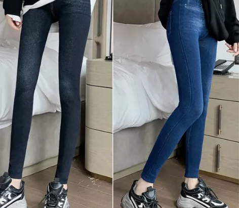 2022秋冬加绒女外穿打底裤仿牛仔莫代尔棉...