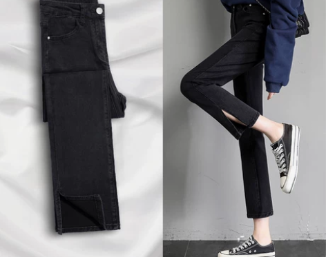 夏季薄款黑色开叉牛仔裤女高腰宽松直筒显瘦九...