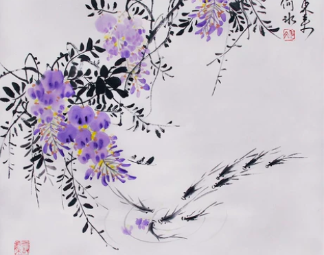 全新手绘国画紫藤花鸟画原稿保真迹书画三尺斗...