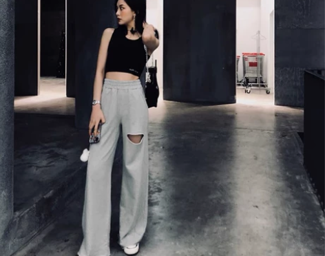 破洞拖地裤女高腰垂感直筒裤子港风夏季薄款宽...