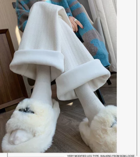 冬天女裤加绒加厚麦穗纹雪尼尔阔腿裤女秋冬高...
