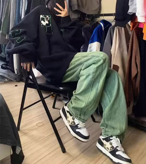 复古绿直筒牛仔裤女潮春秋高腰绿色裤子复古阔...