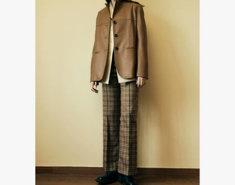 DEMODE 复古格喇叭长裤女2021年秋...