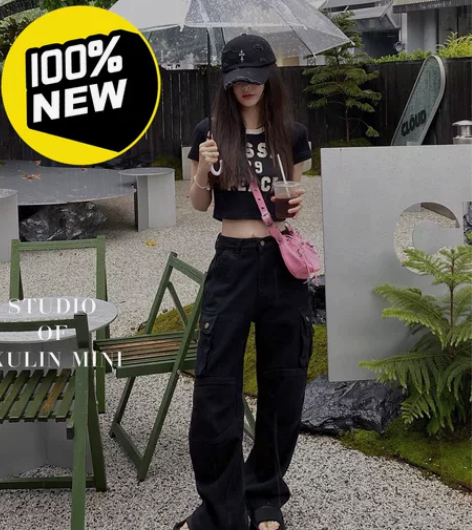 徐琳mini黑色阔腿牛仔工装裤女夏季新款高...