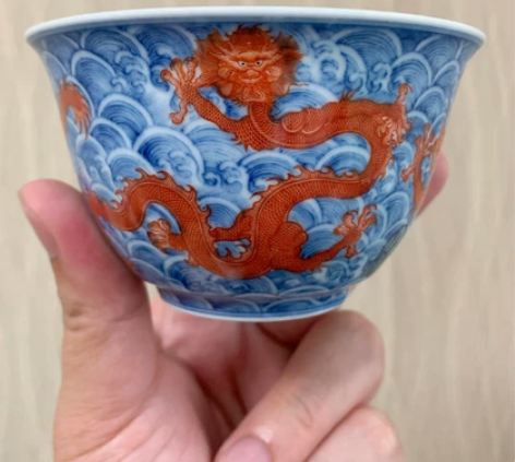 一儒堂 海水 矾红 三龙杯,全新转手,有窑...