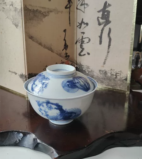 日本回流 老青花柴烧手绘花鸟盖碗 瓷感超润...