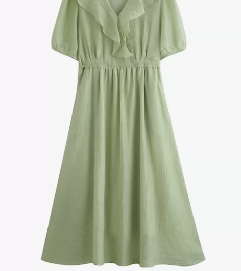 法式荷叶边v领连衣裙女夏宽松休闲裙泡泡袖系...