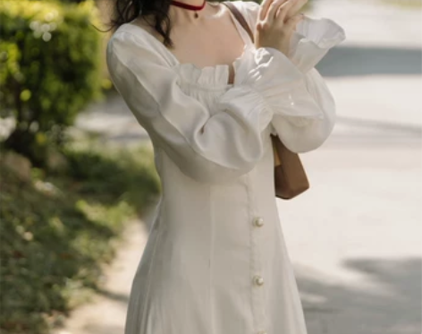 vintage裙复古法式白色方领连衣裙长款...