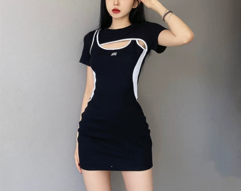 小众复古拼色显腰瘦假两件连衣裙女胸前镂空性...