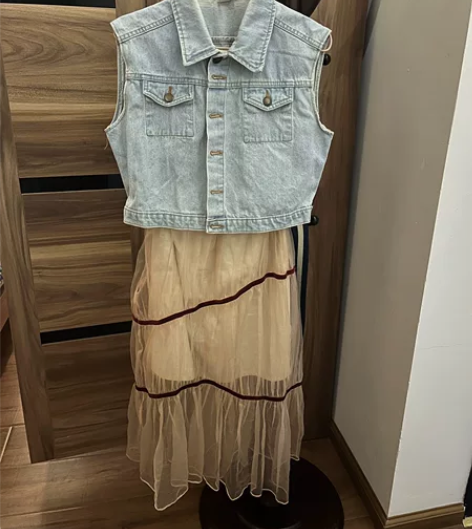 夏季套装 休闲文艺风 牛仔马甲+仙仙吊带纱...