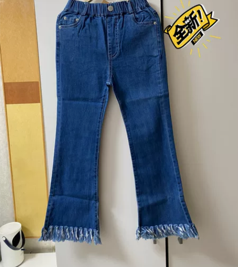 全新130码女童春季流苏喇叭牛仔裤深蓝色松...