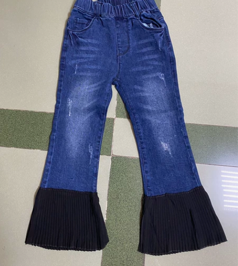 全新110码品牌专柜女童松紧腰深蓝色喇叭牛...