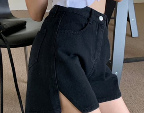 黑色开叉牛仔短裤女夏季新款大码胖mm高腰宽...
