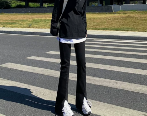 卡希琳开叉牛仔裤女高腰显瘦阔腿喇叭拖地裤宽...