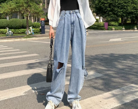 【狂欢价】阔腿裤女夏天薄款高腰胖mm破洞牛...
