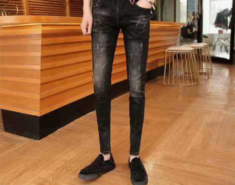 修身小脚牛仔裤男青少年弹力紧身铅笔裤春秋季...