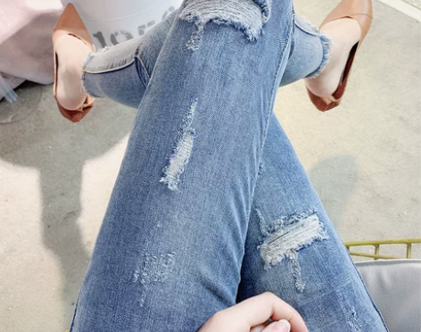 蓝色破洞牛仔裤女2023年春季新款弹力显瘦...