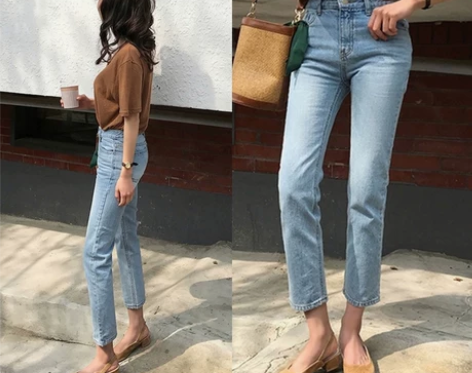 春装浅色牛仔裤女秋冬宽松九分高腰直筒八分小...