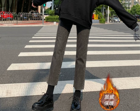 灰色加绒牛仔裤女2022 秋冬新款高腰显瘦...