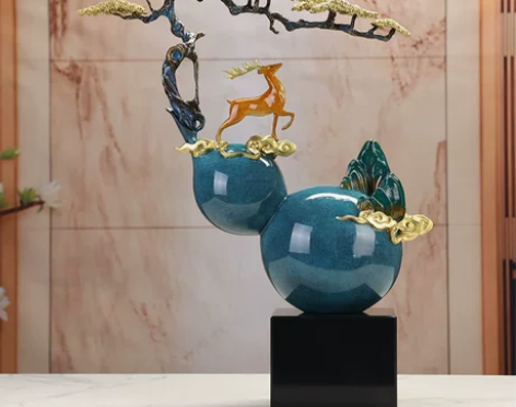 饰品装饰迎客松福禄双全铜葫芦摆件客厅玄关装...