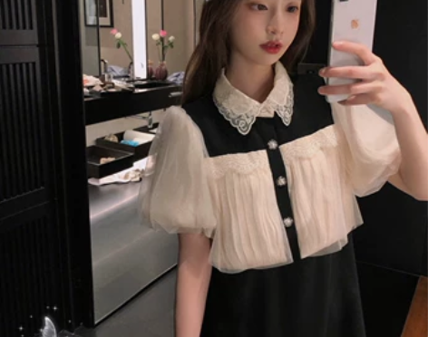 珍珍家撞色拼接网纱连衣裙蕾丝边高腰小黑裙泡...