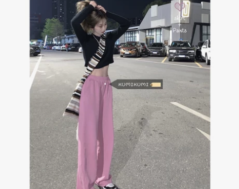 甜酷粉色休闲裤垂感拖地长裤女夏季高腰裤子宽...