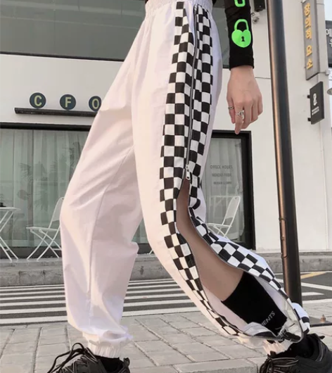 秋季嘻哈工装裤女港味复古侧拉链格子薄款百搭...