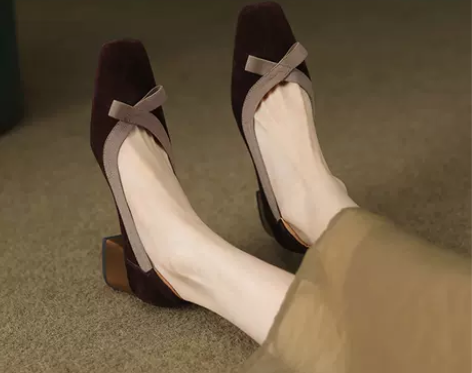 法式复古蝴蝶结方头真皮百搭女鞋磨砂皮粗跟单...