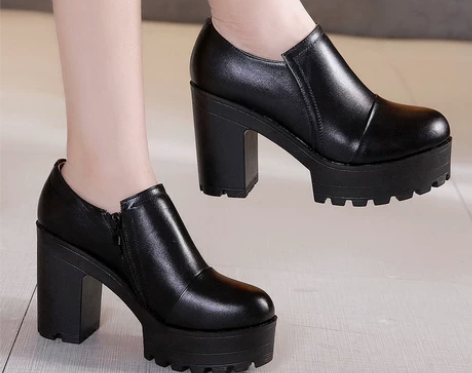 头层牛皮高跟鞋防水台粗跟走秀单鞋拉链圆头厚...