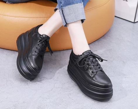 2017秋季新款韩版加绒系带真皮松糕底单鞋...