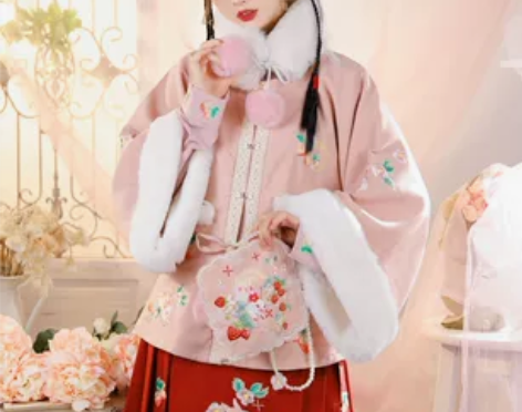 玉术汉服女花开兔原创汉元素加厚方领半袖披袄...