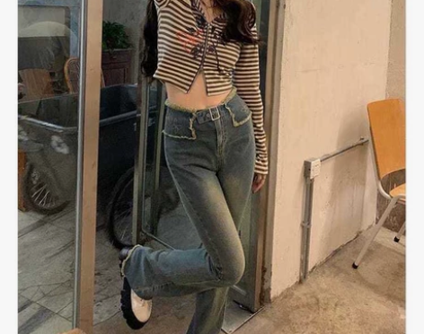 复古毛边微喇叭牛仔裤，腰围有点大，就穿过一...