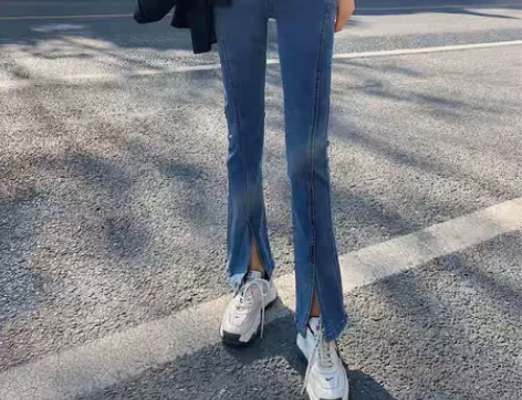 高腰开叉牛仔裤显瘦阔腿拖地分叉微喇叭裤子 ...