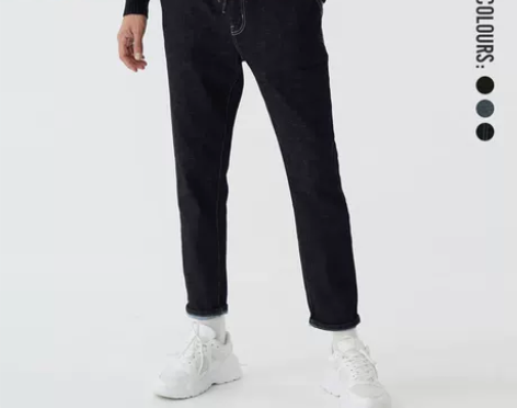 休闲抽绳磨白修身锥形薄绒牛仔裤男裤子学生冬...