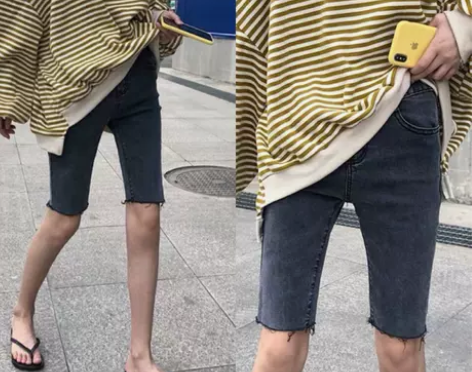 韩国烟灰色五分牛仔裤女夏胖mm大码中裤显瘦...
