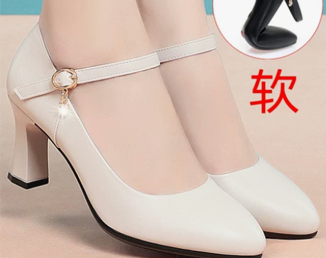 春季软底舒适高跟久站白色一字扣带配旗袍跳舞...