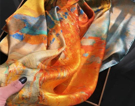 油画-秋之韵美丽优雅的100%桑蚕丝大方巾...