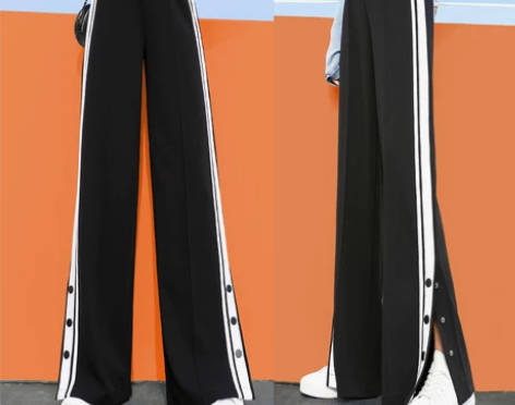 侧开叉条纹运动阔腿裤女高腰夏季垂感直筒裤子...