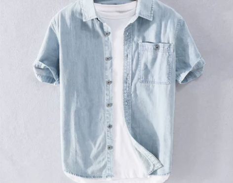 短袖牛仔衬衫男夏季薄款水洗纯棉休闲衬衣工装...