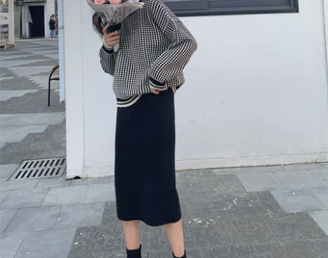 中长款开衩高腰显瘦针织半身裙女秋冬中裙包臀...