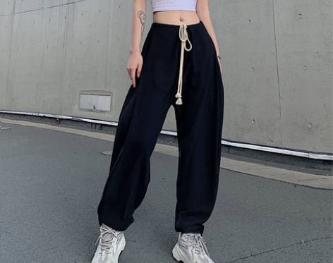 OM潮人馆欧美运动风抽绳哈伦长裤女宽松显瘦...