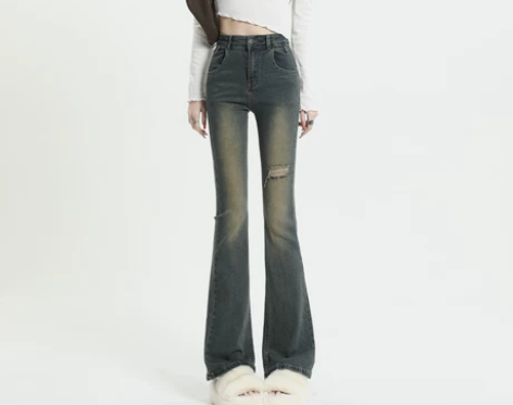 喇叭牛仔裤 牛仔裤喇叭裤高腰做旧复古破洞微...