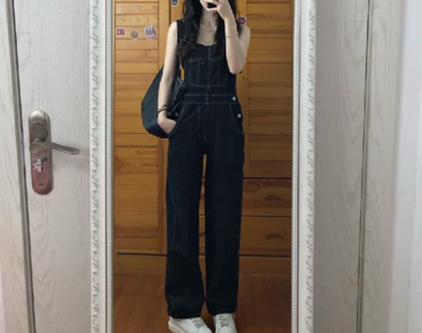 小个子桔梗背带裤女秋冬洋气减龄直筒牛仔裤高...