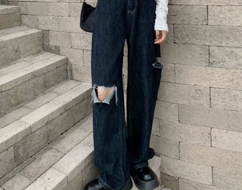 黑色破洞牛仔裤女春季秋高腰宽松直筒阔腿裤设...