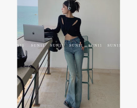 SUN11美式微喇牛仔裤女设计感秋复古高街...